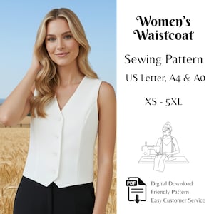 Puede incluir: Un chaleco blanco con cuello en V y cierre de botones. La imagen incluye el texto "Women's Waistcoat Sewing Pattern US Letter, A4 & A0 XS - 5XL". Hay un patrón de costura descargable disponible.