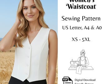 Women’s Waistcoat Sewing Pattern PDF, DIY Tailored Waistcoat, Fitted Button-Up Vest for Beginners