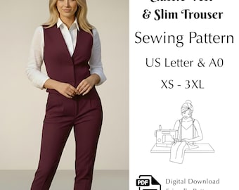 Modern Vest & Pants Sewing Pattern PDF, Tailored Women’s Waistcoat and Trousers, XS–3XL - A0, US Letter