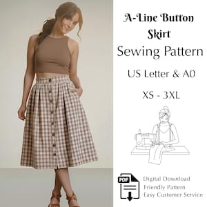 May include: An A-line button skirt sewing pattern. The skirt is a midi length with a brown and cream plaid pattern and button closure. The pattern is available in sizes XS-3XL and is a digital download.