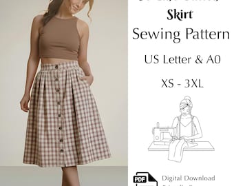 High Waist Button Skirt Sewing Pattern, A-Line Midi Skirt with Pockets Pdf, XS–3XL | US Letter & A0