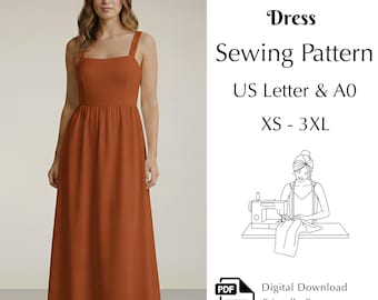 Minimalist Linen Maxi Dress Sewing Pattern, Square Neck Summer Dress PDF, XS–3XL | US Letter & A0