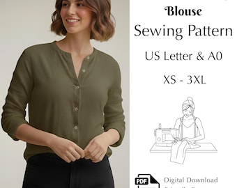 Linen Button Up Blouse Sewing Pattern, Women’s Shirt PDF XS–3XL | US Letter & A0, Beginner Friendly