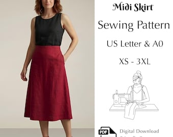 Classic A-Line Skirt Sewing Pattern, Women’s Midi Skirt PDF, XS-3XL, US Letter A0