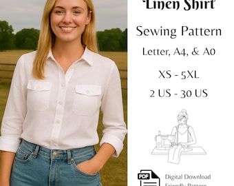 Classic Women Casual Long Sleeve Shirt Sewing Pattern Simple Office Shirt PDF Pattern XS - 5XL | A0, A4 & US-Letter