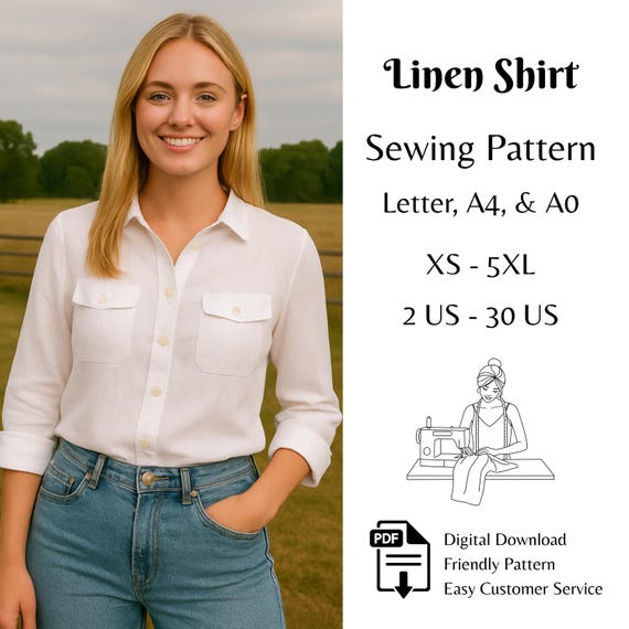Classic Women Casual Long Sleeve Shirt Sewing Pattern Simple Office Shirt PDF Pattern XS - 5XL | A0, A4 & US-Letter