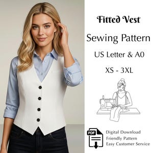 Patrón de costura para chaleco clásico ajustado de mujer, patrón PDF para principiantes, tallas XS-3XL