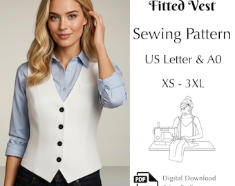 Classic Fitted Vest Sewing Pattern, Women’s Waistcoat, Beginner Friendly PDF Pattern XS–3XL