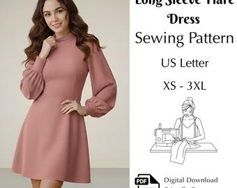 High Neck - Bishop Sleeve Flare Dress Sewing Pattern, DIY sewing XS to 3XL - US Letter