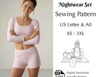 Fitted Women’s Nightwear Sewing Pattern, Long Sleeve Top & Shorts Set PDF, XS-3XL | US Letter - A0 Printable