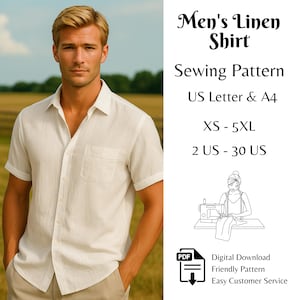 以下が含まれることがあります： クリーム色のリネンシャツ、半袖と胸ポケット付き。画像には「Men's Linen Shirt Sewing Pattern」というテキストと、XSから5XLまでのサイズオプション、2 USから30 USまでのサイズが含まれています。縫製パターンも表示されています。