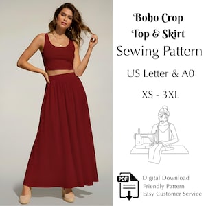 May include: A woman wearing a burgundy crop top and maxi skirt. The image includes text that reads "Boho Crop Top & Skirt Sewing Pattern" and "XS - 3XL". A PDF icon is also visible.