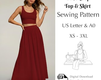 Boho Crop Top & Maxi Skirt Sewing Pattern, Women’s Two Piece Outfit PDF, Summer Co-Ord Set, XS–3XL | US Letter-A0
