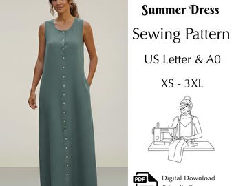 Front Button Summer Dress Sewing Pattern, Maxi Tank Dress with Pockets Pdf, XS–3XL | US Letter & A0