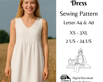 Long Linen Dress Sewing Pattern, V Neck Maxi Dress Sewing Pattern, Sleeveless Design PDF Pattern XS - 3XL