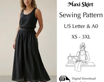 Elastic Waist Linen Maxi Skirt Pattern, Gathered Skirt Sewing Pdf, XS–3XL | US Letter & A0