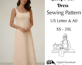 Women’s Scoop Neck Dress Sewing Pattern, Midi A-Line Linen Dress PDF, XS-3XL | US Letter & A0