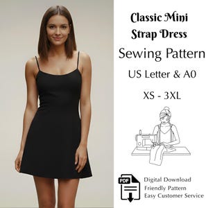 Molde para costura de vestido curto clássico com alças, faça você mesma seu vestido feminino em PDF, tamanhos do XS ao 3XL | Tamanhos EUA e A0