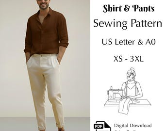 Men’s Casual Linen Outfit Sewing Pattern, PDF Pattern for Shirt & Pants, XS–3XL | US Letter - A0
