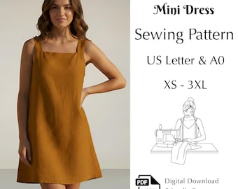 Square Neck Mini Dress Sewing Pattern, Linen Shift Dress PDF, XS–3XL | US Letter & A0