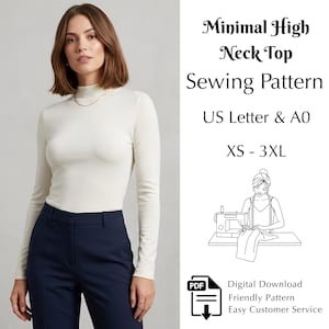 Puede incluir: Una mujer con un top de cuello alto crema de manga larga y pantalones azul marino. La imagen incluye el texto: "Minimal High Neck Top Sewing Pattern" y "XS - 3XL". También se ve un icono PDF.