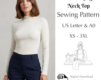 Minimal High Neck Top Sewing Pattern, Long Sleeve Top Pdf, XS–3XL | US Letter & A0