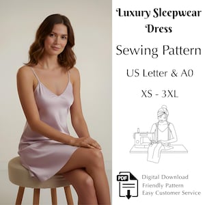 Könnte beinhalten: Eine Frau trägt ein hellviolettes Nachthemd aus Seide. Das Bild enthält den Text "Luxury Sleepwear Dress Sewing Pattern" und "XS - 3XL". Ein PDF-Symbol ist ebenfalls sichtbar.