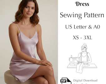 Luxury Sleepwear Dress Sewing Pattern, Satin Slip Nightdress PDF, XS–3XL | US Letter & A0