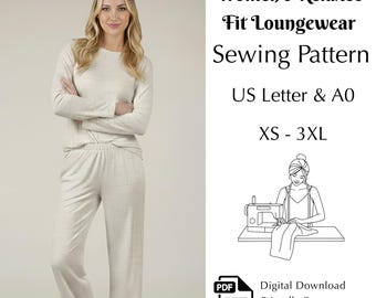 Women's Relaxed Fit Loungewear Sewing Pattern, Pajama Set T-Shirt - Pants PDF, XS–3XL | US Letter & A0