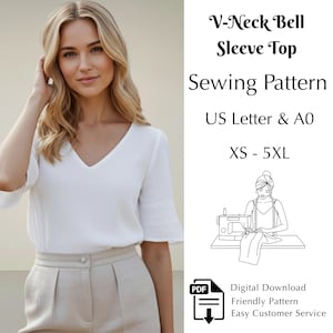 V-Neck Top Sewing Pattern PDF, Bell Sleeve Blouse Pattern XS - 5XL | A0 & US-Letter