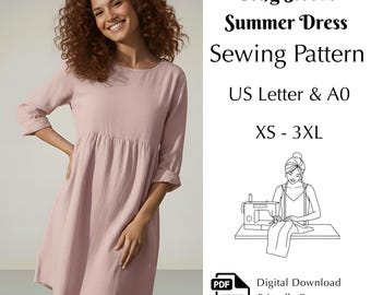 Long Sleeve Summer Dress Sewing Pattern, Easy Loose Fit Women’s Linen Dress PDF, US Letter & A0 | XS–3XL