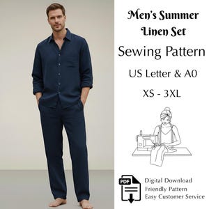 メンズサマーリネンセットの裁縫パターン、リラックスフィットシャツとパンツ（PDF）、XS-3XL | USレターサイズとA0サイズ