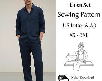 Men’s Summer Linen Set Sewing Pattern, Relaxed Fit Shirt and Pants PDF, XS-3XL | US Letter & A0
