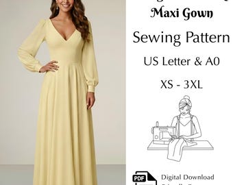 Elegant V-Neck Maxi Gown Sewing Pattern, Long Sleeve Dress  PDF, US Letter & A0, XS-3XL, Beginner-Friendly