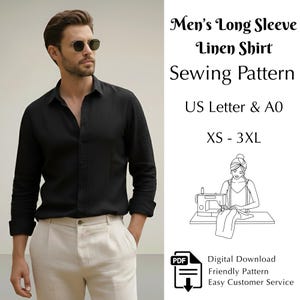Puede incluir: Una camisa de lino negra de manga larga. La imagen incluye el texto "Men's Long Sleeve Linen Shirt Sewing Pattern" y "XS - 3XL". También hay un icono PDF, que indica una descarga digital.
