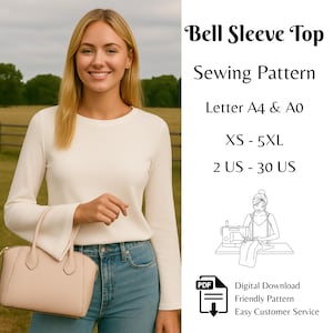Könnte beinhalten: Eine Frau trägt ein cremefarbenes Oberteil mit Glockenärmeln und eine blaue Jeans und hält eine hellrosa Handtasche. Das Bild enthält den Text "Bell Sleeve Top Sewing Pattern" und Größenoptionen von XS bis 5XL sowie US-Größen von 2 bis 30.