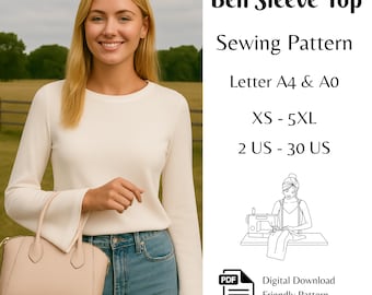 Bell Sleeve Top Sewing Pattern, Boat Neck Top Sewing Pattern PDF Pattern XS - 5XL | A0 & US-Letter