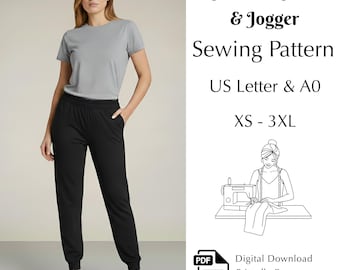 Classic T-Shirt & Jogger Sewing Pattern for Women, Easy Lounge Wear PDF XS–3XL, US Letter A0