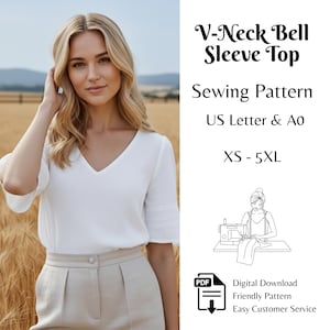 May include: A white V-neck bell sleeve top. The image includes text that reads "V-Neck Bell Sleeve Top Sewing Pattern US Letter & A0 XS - 5XL". A PDF icon and a graphic of a woman sewing are also included.