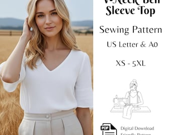V-Neck Top Sewing Pattern PDF, Bell Sleeve Blouse Pattern XS - 5XL | A0 & US-Letter