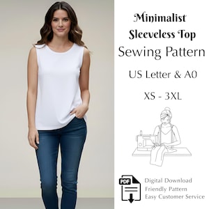 Peut inclure: Une femme porte un haut sans manches blanc et un jean bleu. L'image comprend le texte "Minimalist Sleeveless Top Sewing Pattern" et des options de taille de XS à 3XL. Une icône PDF est également visible.