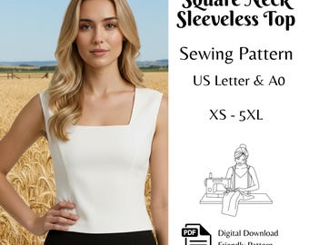 Square Neck Sleeveless Top Sewing Pattern, Women's Summer Tank, Wide Strap Blouse Pdf XS - 5XL.