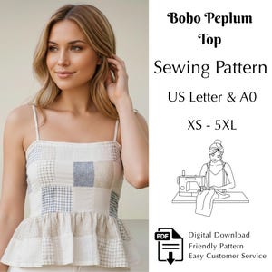 Peplum Top Sewing Pattern PDF, Summer Boho Cami Top Pattern, XS–5XL, Beginner Friendly, Printable A0 & US Letter