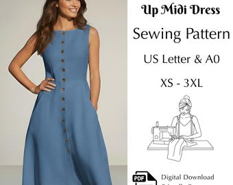 Minimalist Button Up Midi Dress Sewing Pattern, Women’s Dress Pdf, XS–3XL A0 & US Letter
