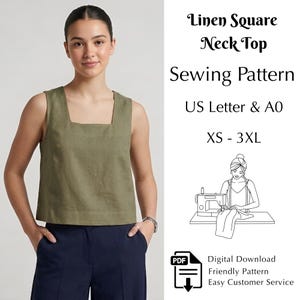 Peut inclure: Un haut carré en lin vert olive. L'image comprend également le texte "Linen Square Neck Top Sewing Pattern US Letter & A0 XS - 3XL". Un patron de couture téléchargeable est disponible.