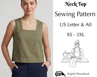 Linen Square Neck Top Sewing Pattern, Summer Crop Tank Top PDF XS-3XL | A0 & US Letter