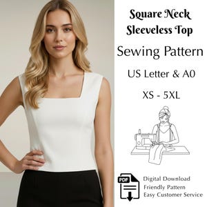 Square Neck Sleeveless Top Sewing Pattern, Women's Summer Tank, Wide Strap Blouse Pdf XS - 5XL.