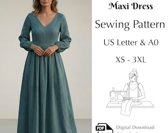 Women’s Maxi Dress Sewing Pattern, V-Neck Long Sleeve Dress Pdf, US Letter & A0 | XS-3XL