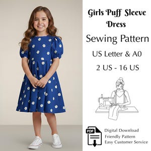 Molde para costura de vestido estilo bispo para meninas, faça você mesma, vestido de verão infantil em PDF, tamanhos EUA 2 a 16, formato Carta EUA e A0.