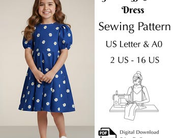 Diy Girls Bishop Dress Sewing Pattern , Kids Summer Dress Pdf, Sizes US 2–16, US Letter & A0